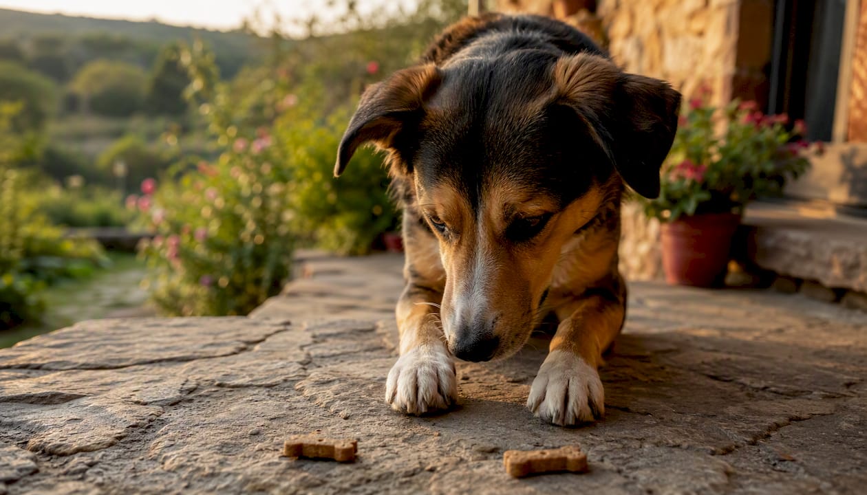 Dog deciding between treats indoors
