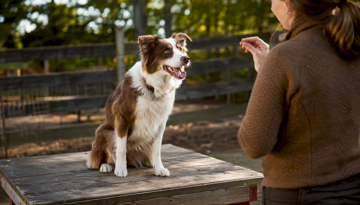Dog engaged in training with treat