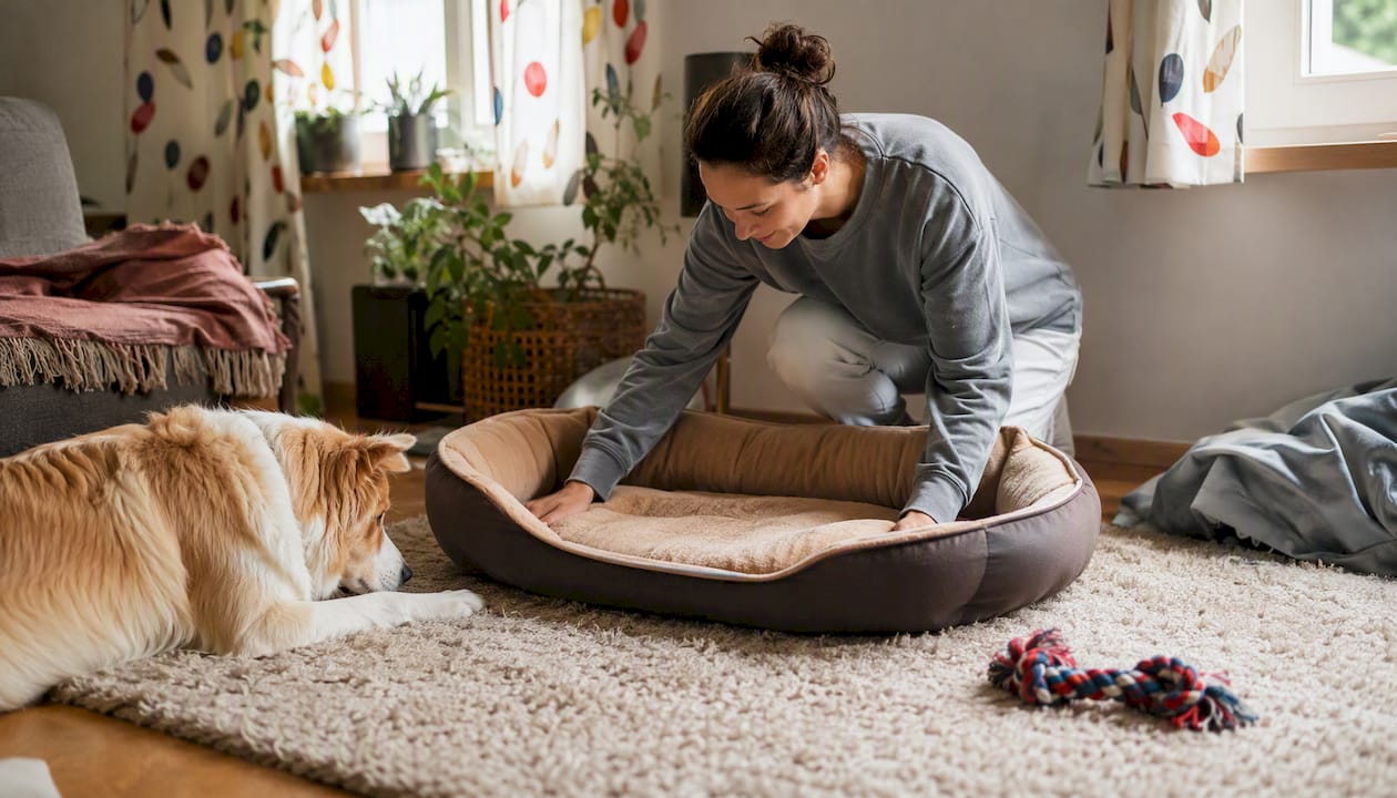 Dog owner closing door while dog sits calmly
