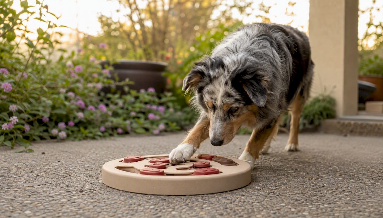Dog engaging with a food puzzle toy