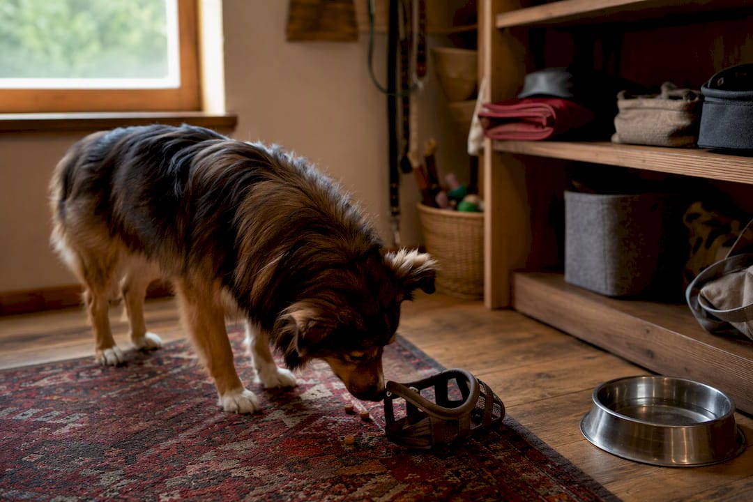 Dog sniffing treat-sprinkled basket muzzle on floor