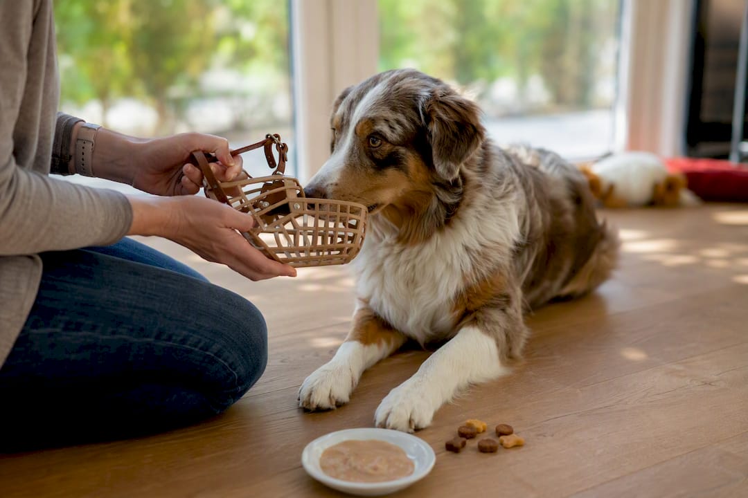 Owner holding basket muzzle near calm dog