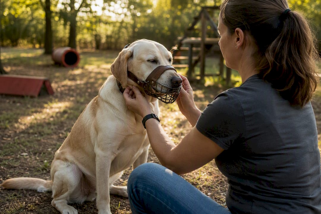 Calm dog brief fitted with loosely strapped basket muzzle