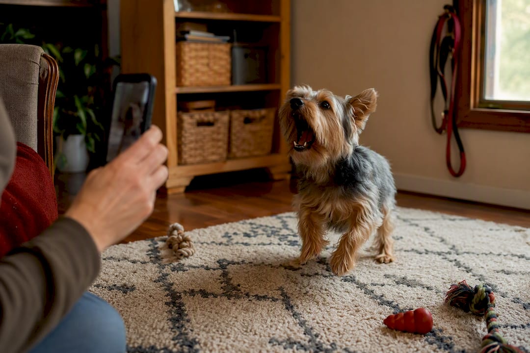 Owner filming dog barking at home