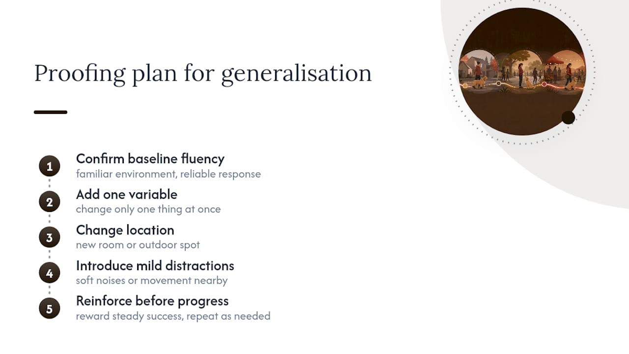 Step-by-step proofing sequence for dog command generalization