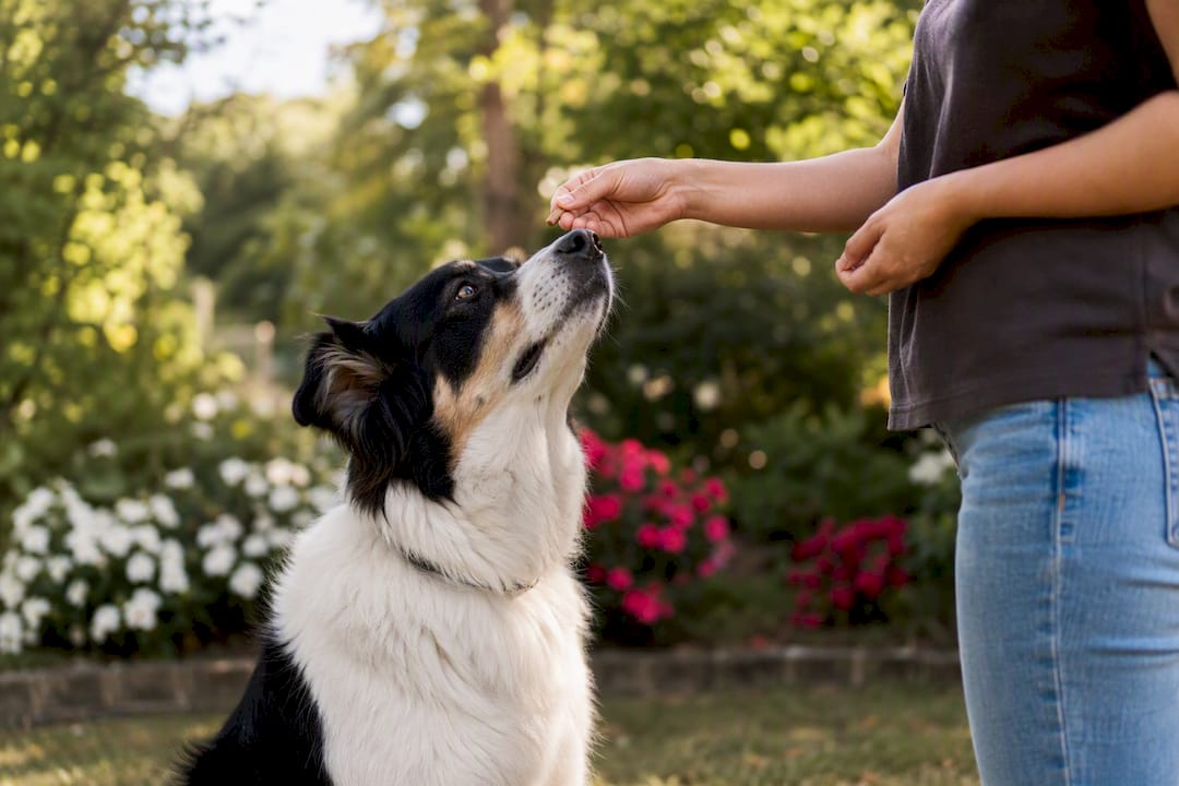 Dog sniffing treat lure during training