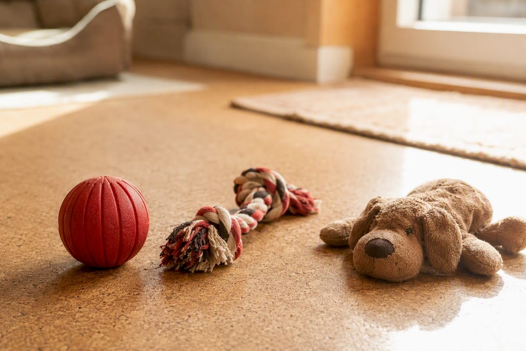 Varied puppy chew toys on wooden floor