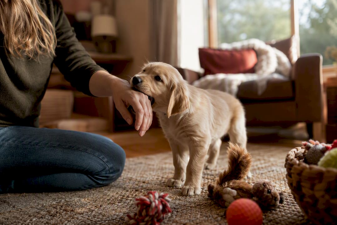 Puppy gently mouthing person's hand