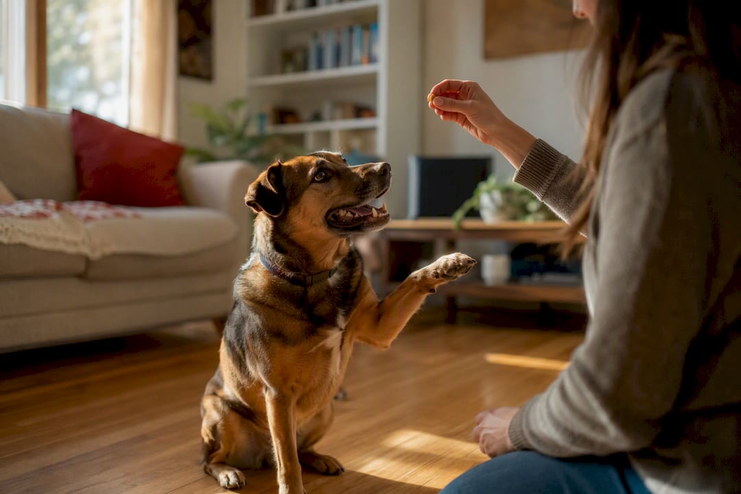 Dog giving paw to receive treat