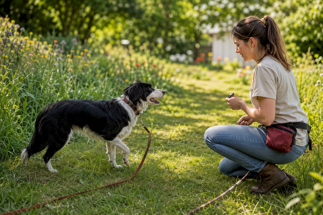 Calm dog training outdoors with owner
