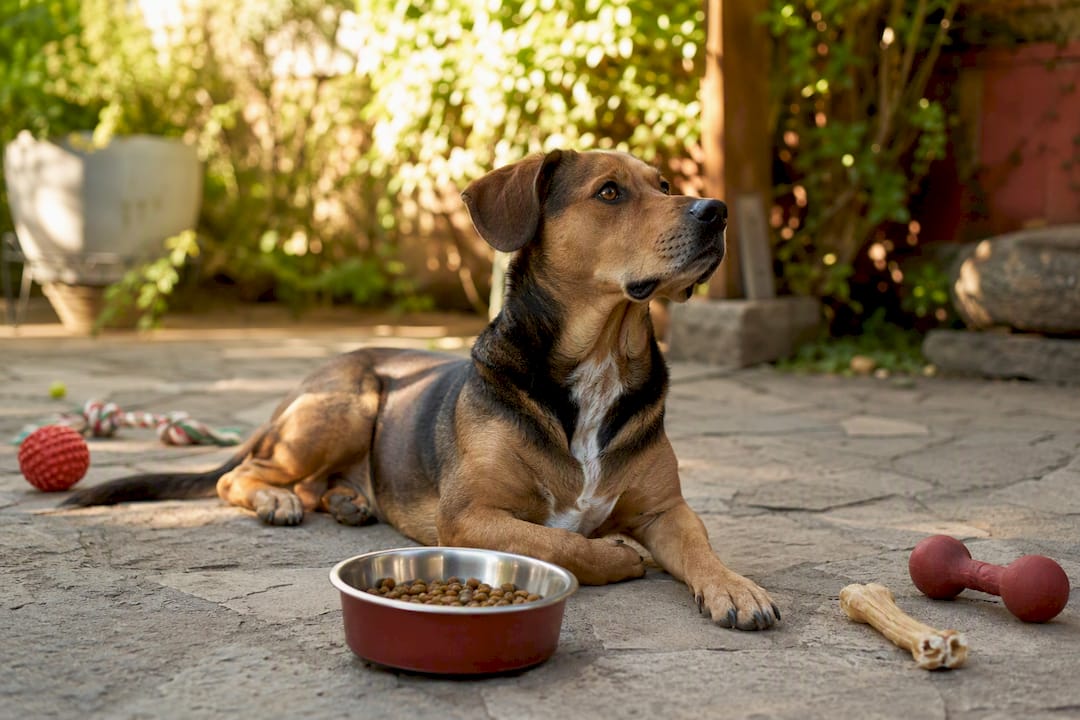 Dog guarding food bowl indoors