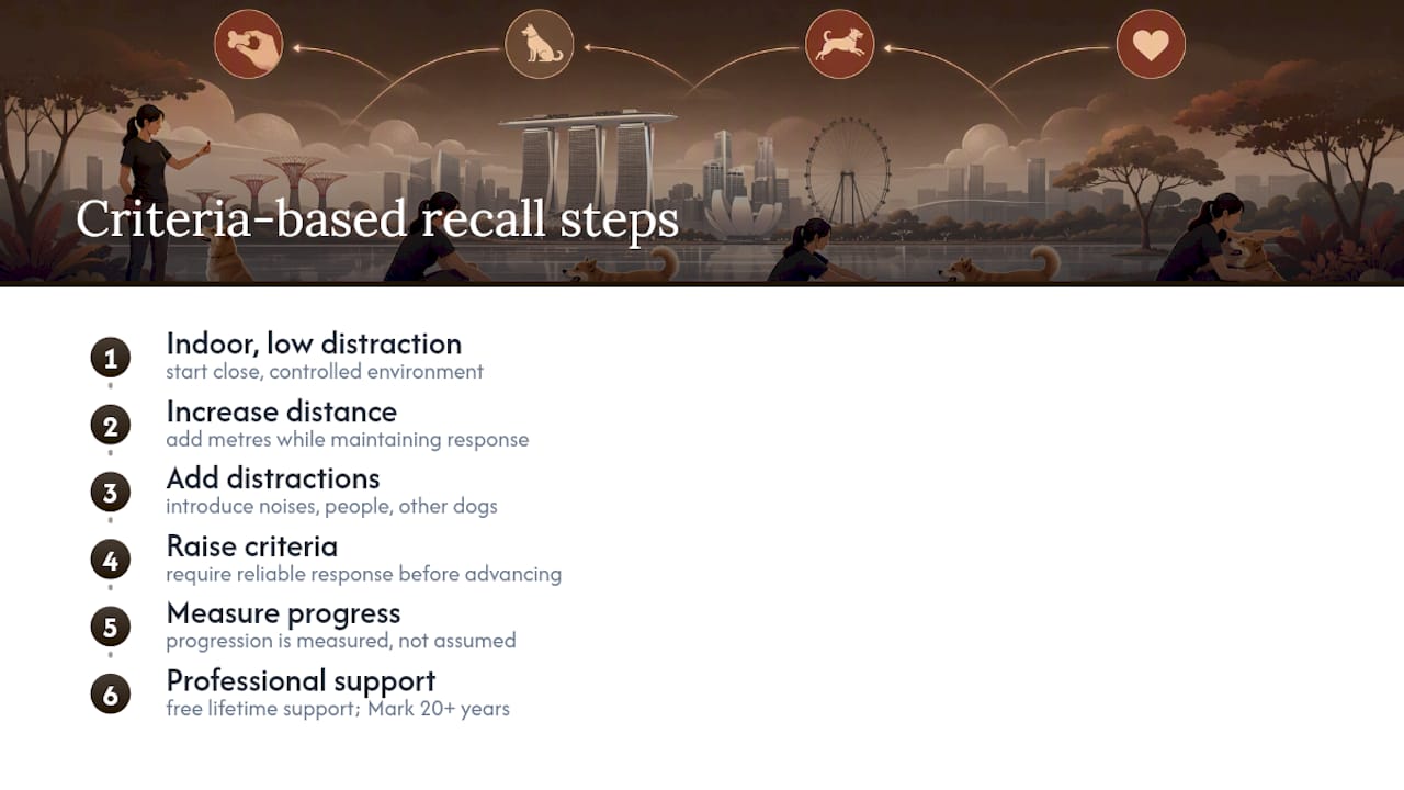 Stepwise criteria-based dog recall training method