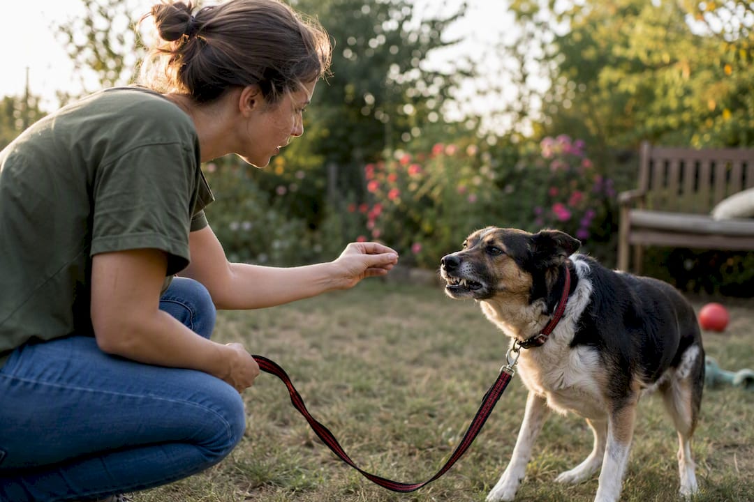 Owner calming aggressive dog indoors