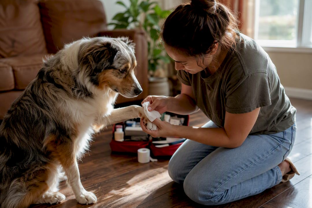 Owner applying first aid on dog paw
