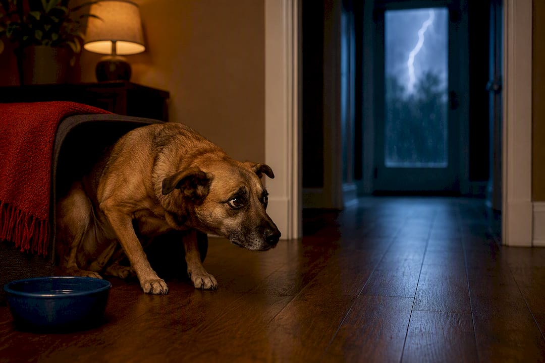 Dog seeking shelter during a thunderstorm