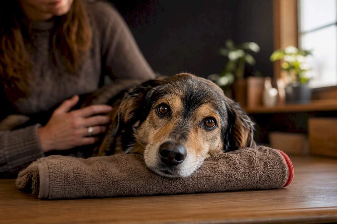 Dog offering chin rest during cooperative care