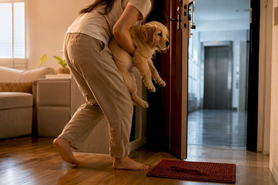 Puppy carried toward apartment door