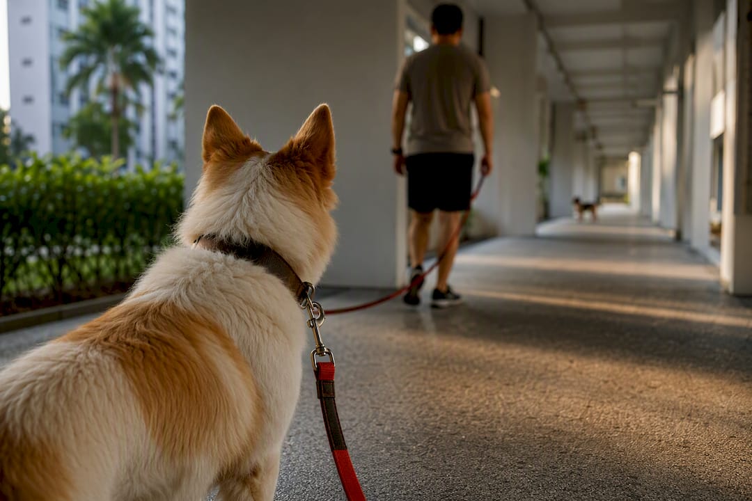 Leashed dog creating distance from trigger
