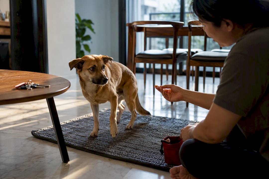 Anxious dog calmly engaging with owner during training