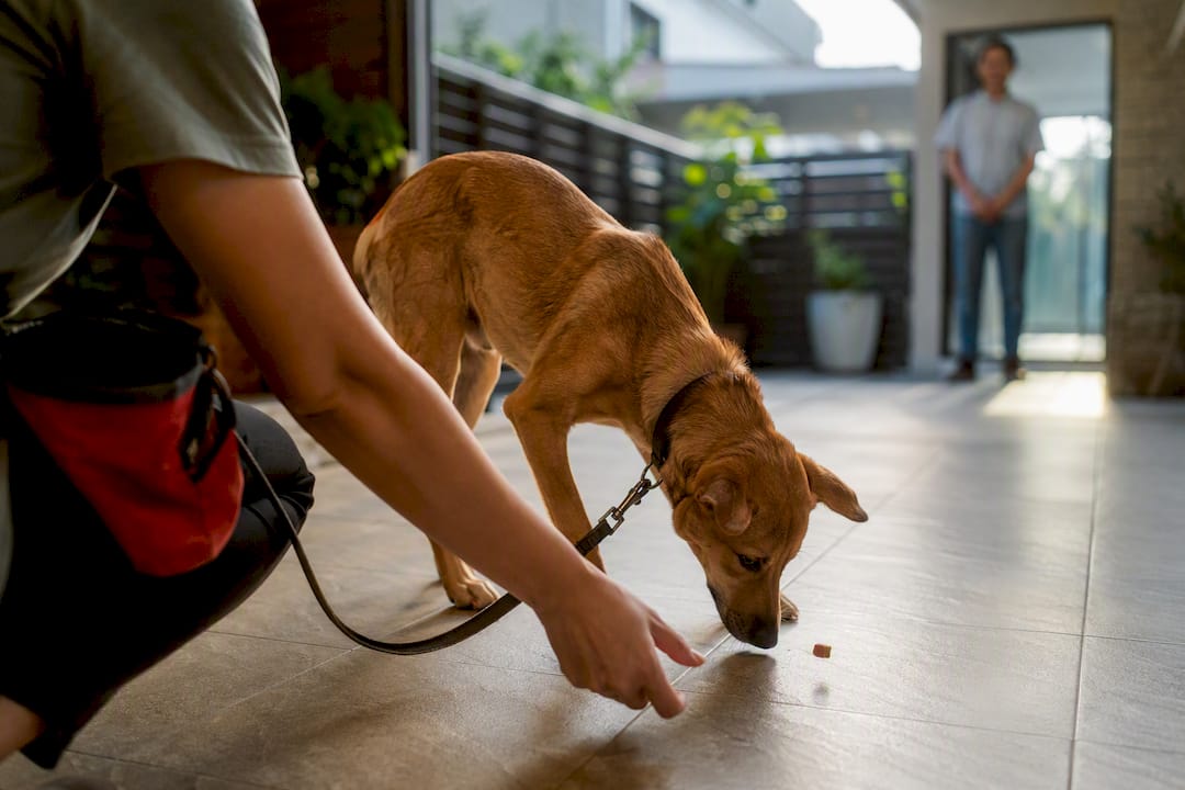 Dog choosing tossed treat during stranger training