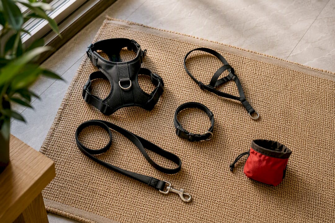 Loose leash training equipment arranged clearly