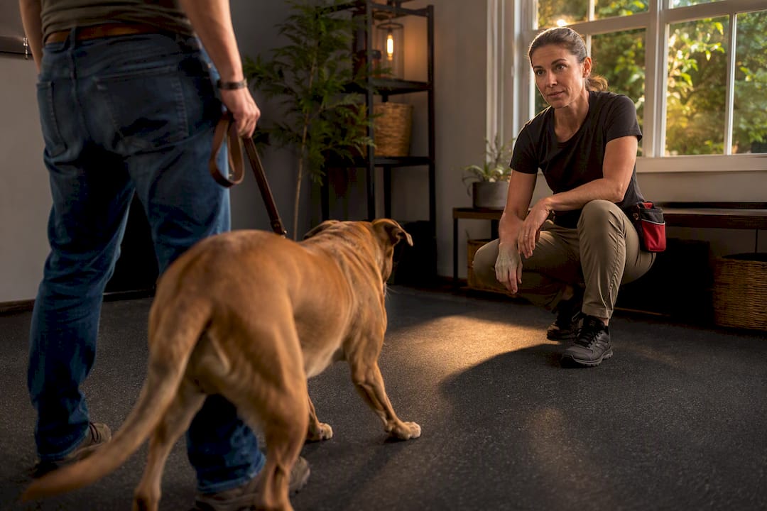 Trainer observing dog stress signals at home