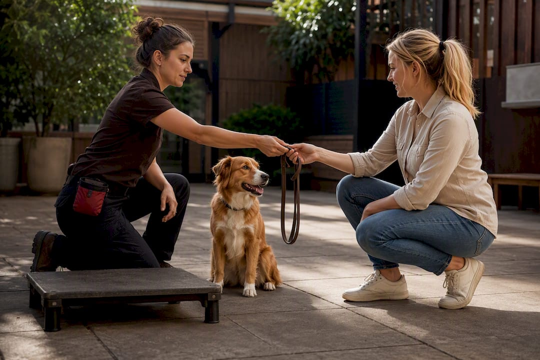 Trainer handing dog leash to owner