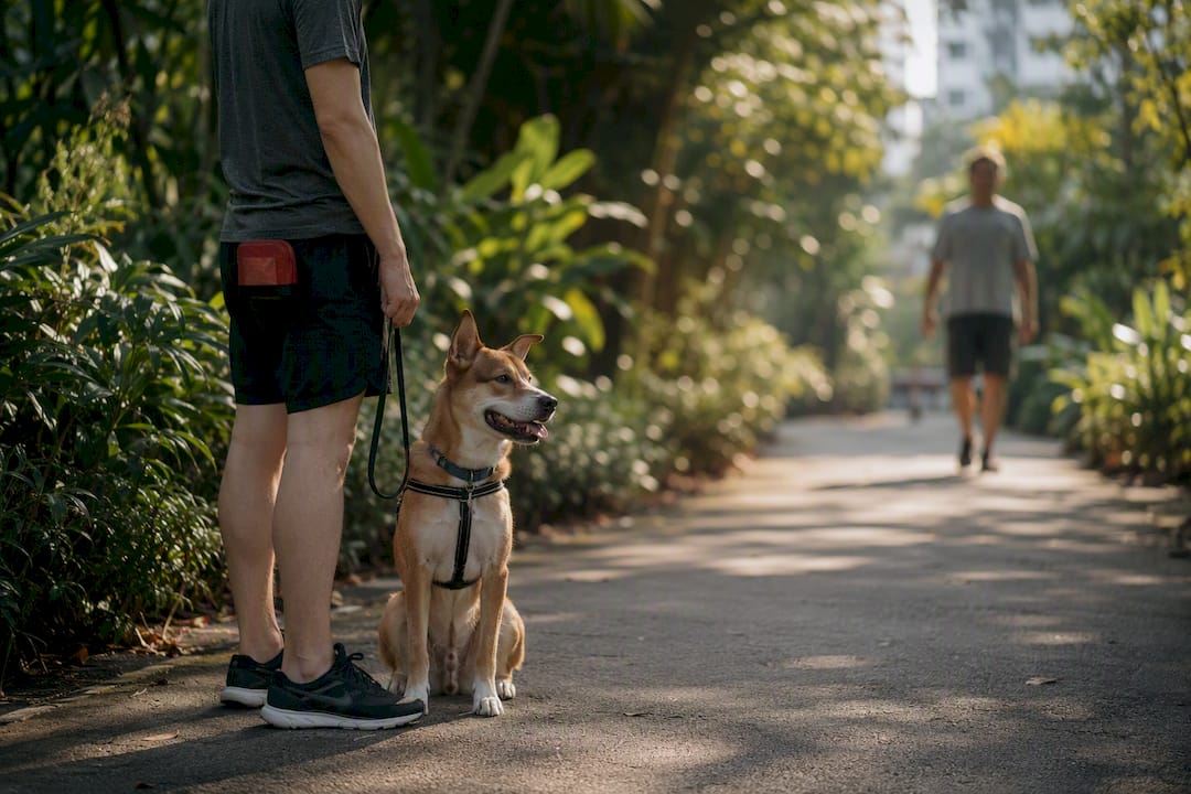 Dog calmly recovering during outdoor training