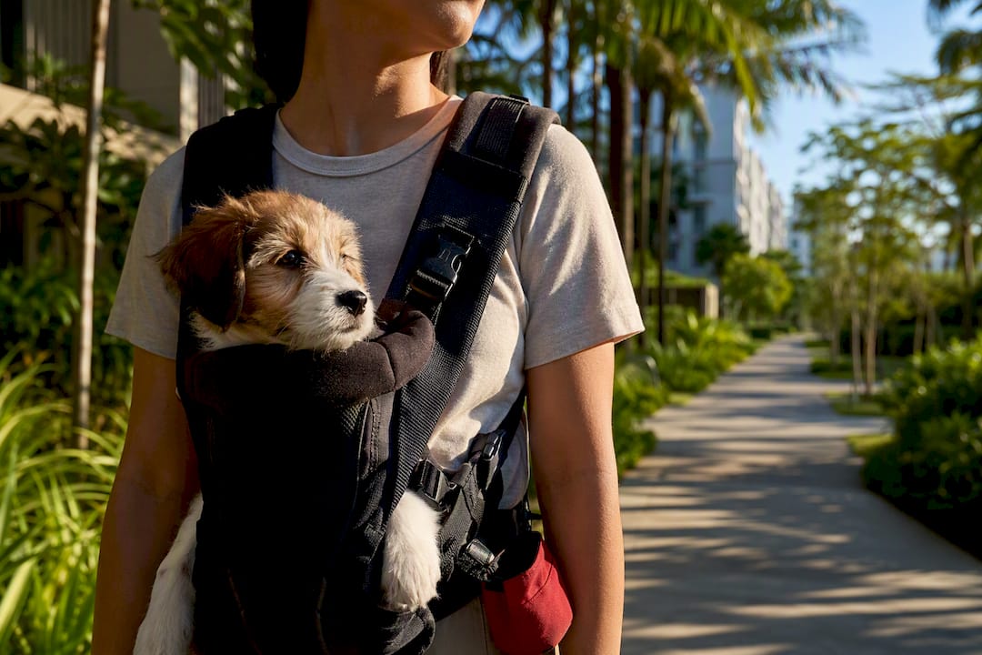 Owner carrying puppy during safe outdoor socialization