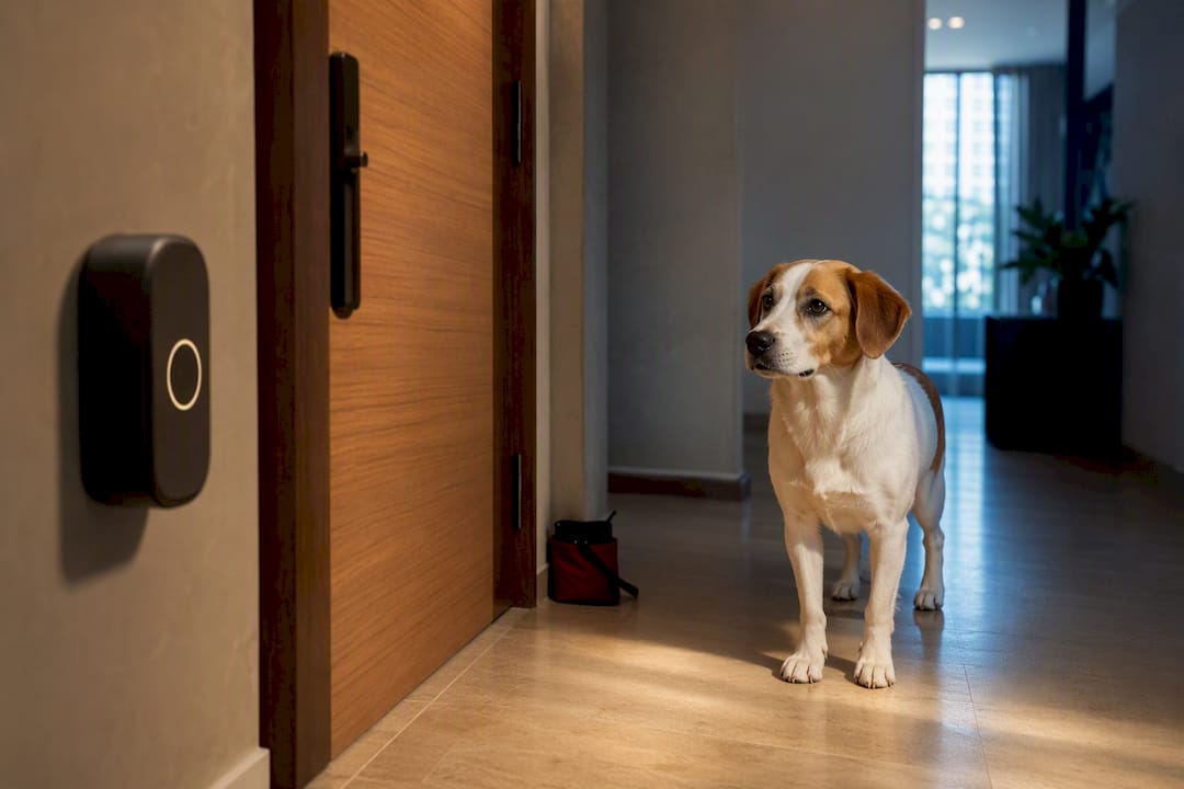 Dog calmly responding to apartment doorbell