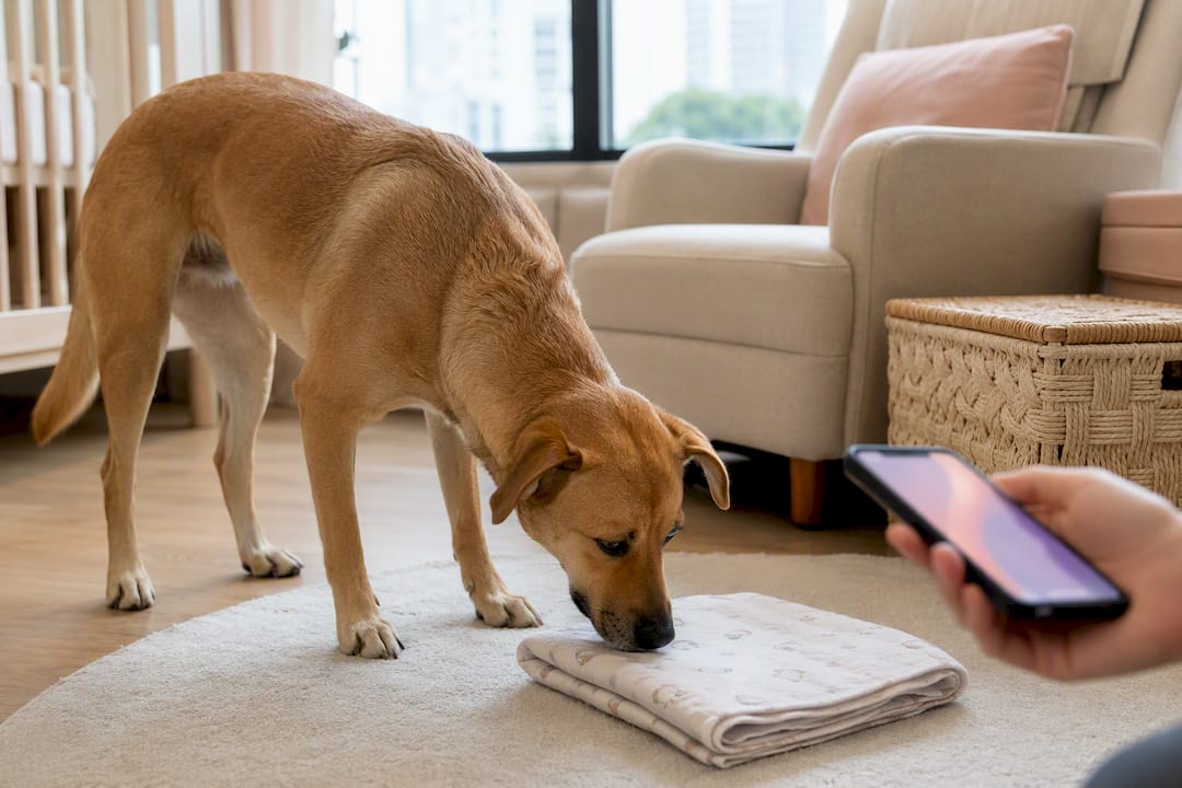 Dog investigating baby blanket during sound training
