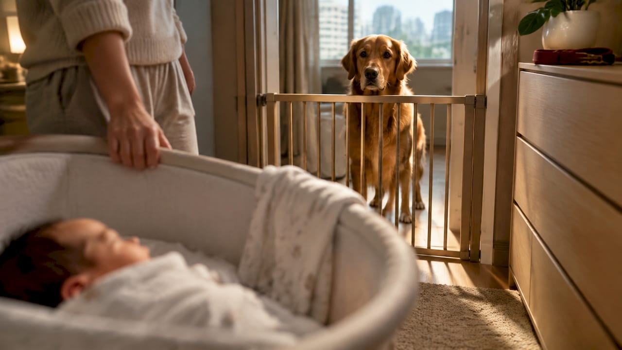 Dog safely observing newborn bassinet