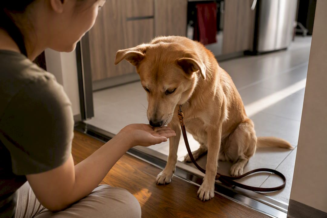 Dog receiving treat during reward based training