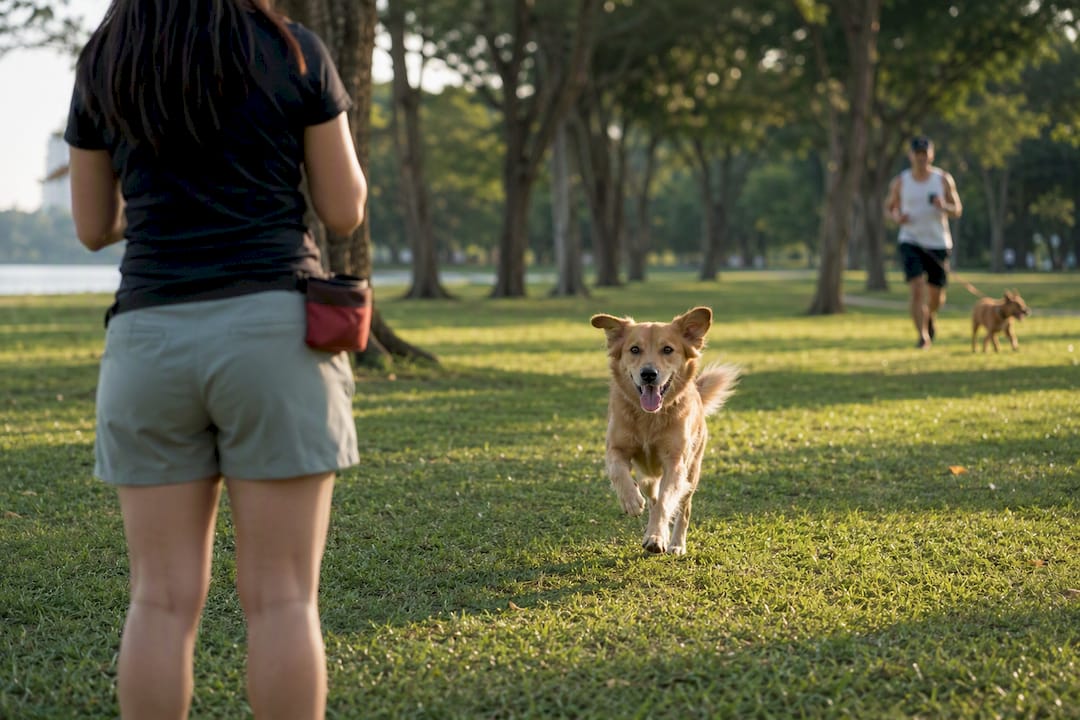 Dog returning during Singapore park recall training