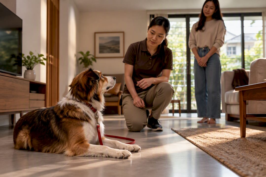 Trainer assessing dog behavior during home consultation