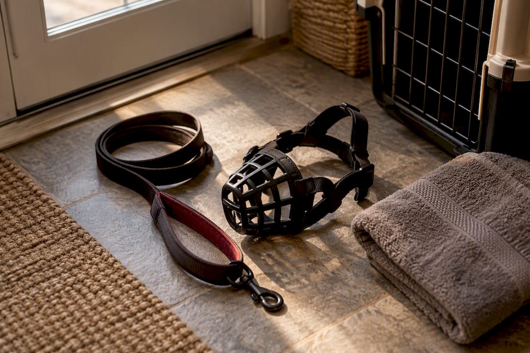 Lead muzzle and crate prepared for consultation
