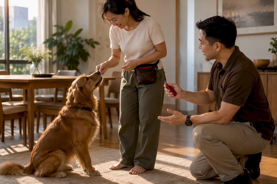 Owner rewarding dog during positive training