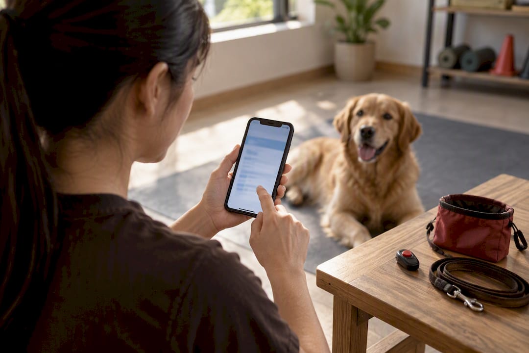 Trainer verifying dog certification beside dog