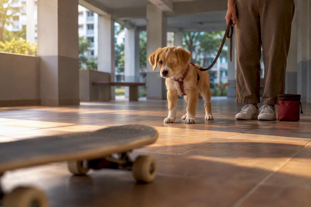 Puppy cautiously observing skateboard during fear period