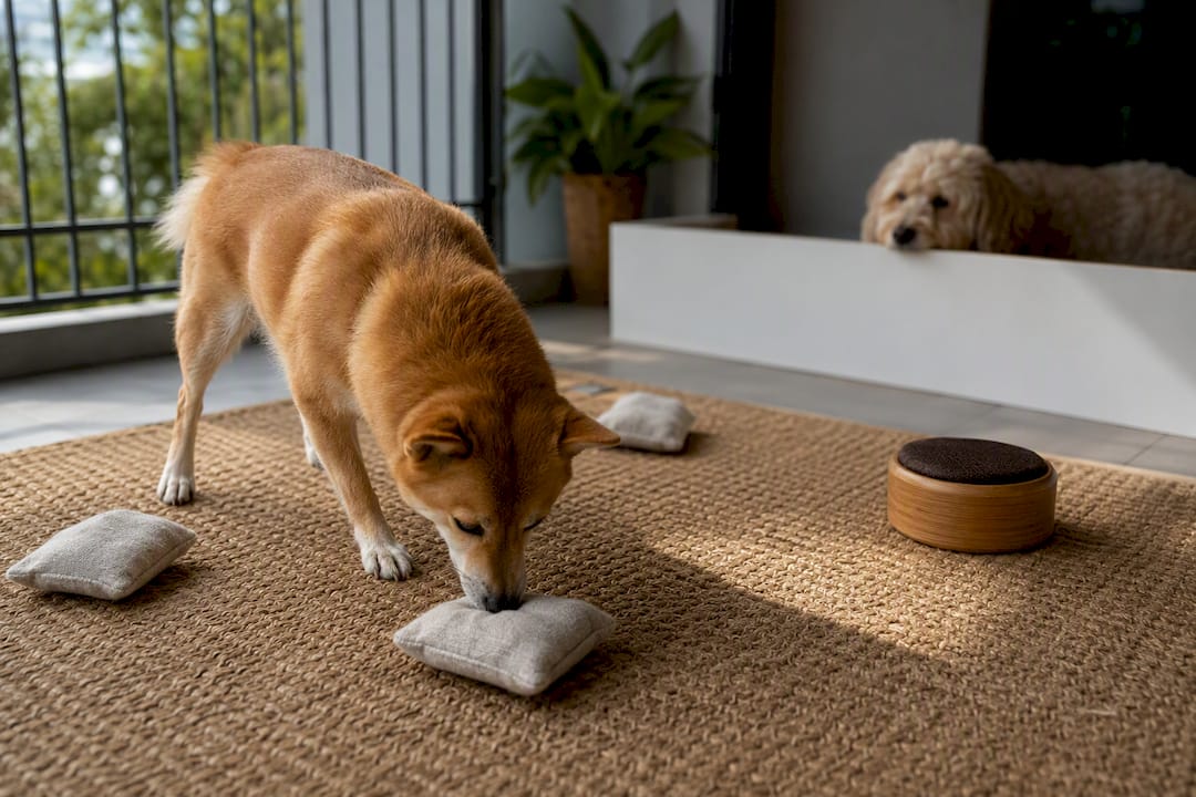 Dog practising scent work on balcony