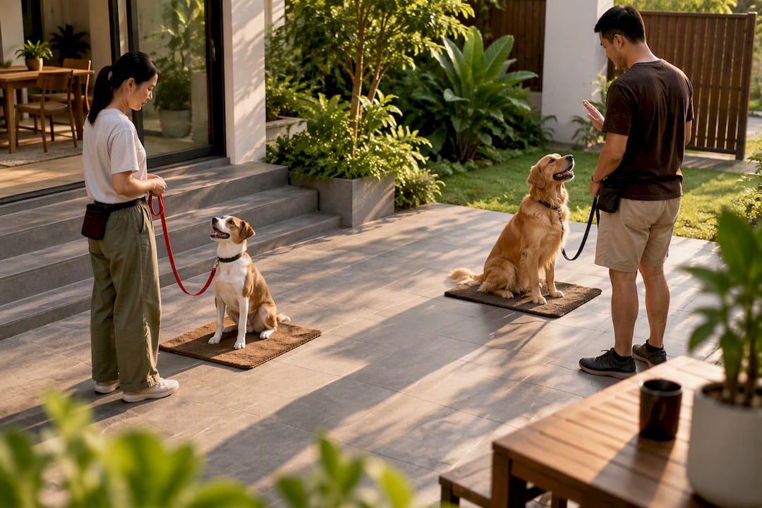 Two dogs practising stations with handlers