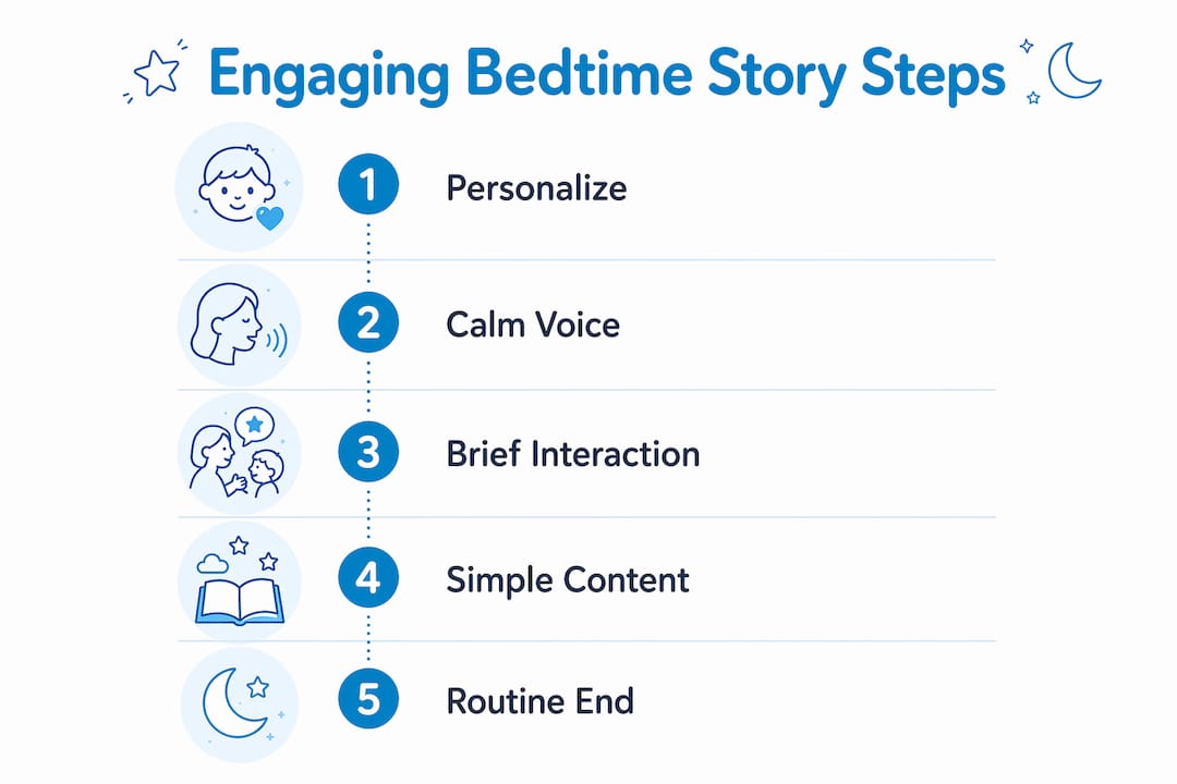 Infographic illustrating steps for engaging bedtime stories