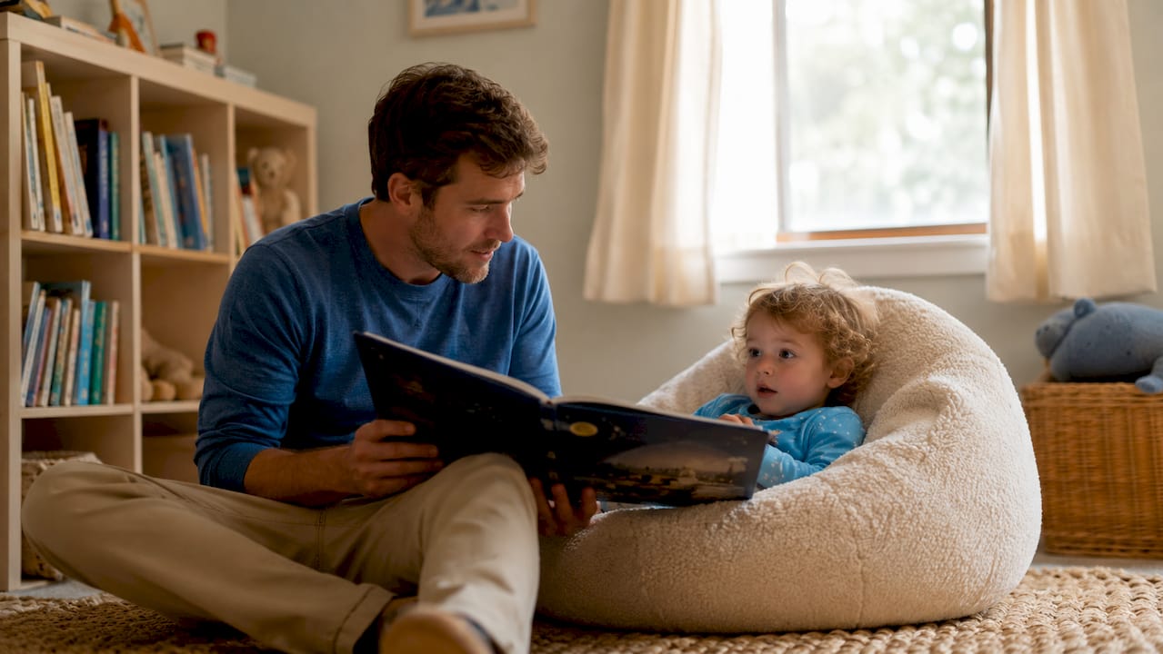 Father reading bedtime story in nursery