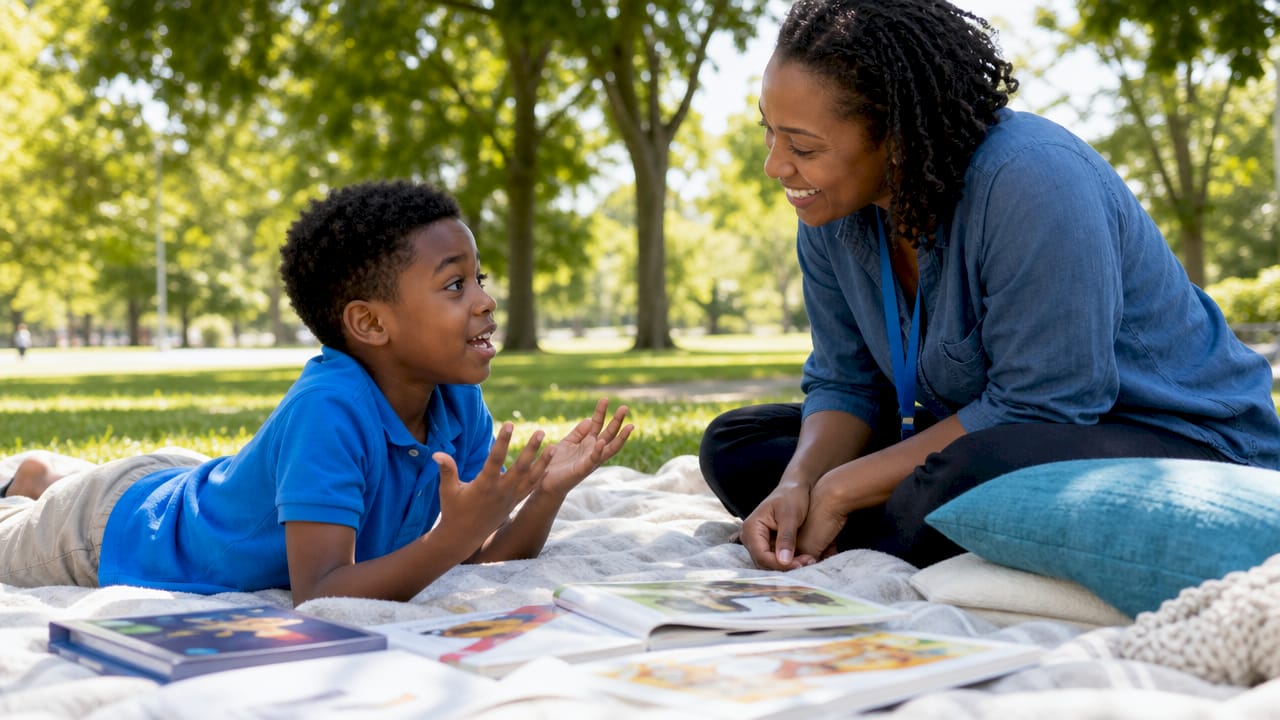 Boy sharing story with teacher in classroom