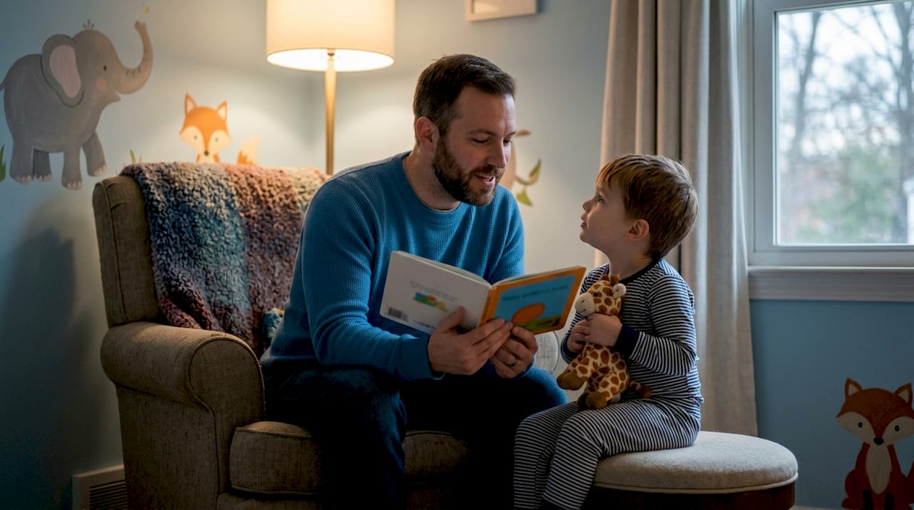 Father reading rhythmic bedtime story to toddler