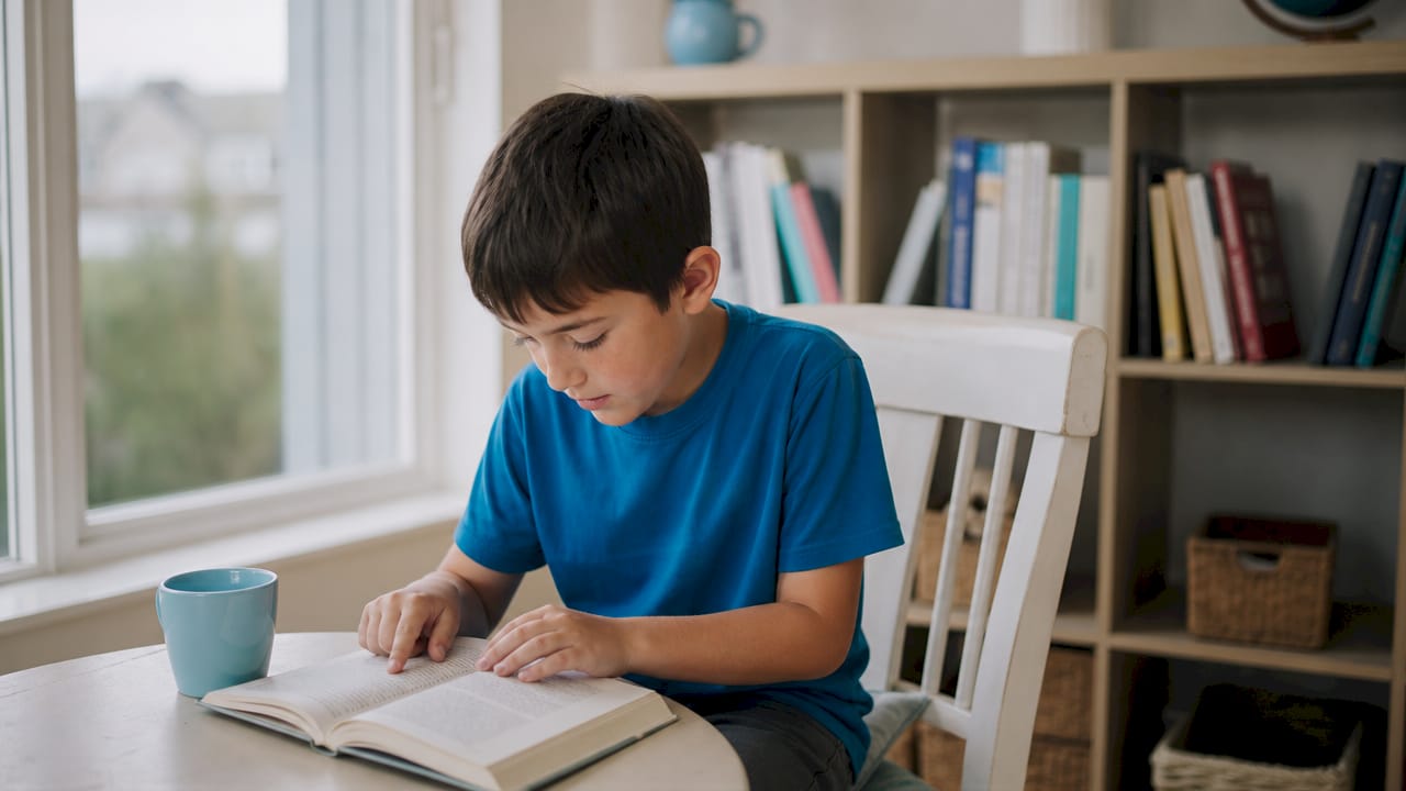 Child reading book about first day at school