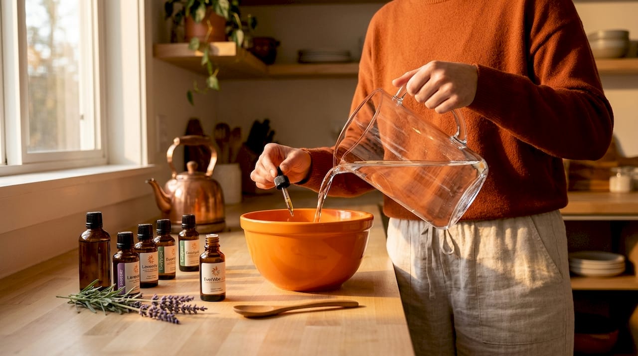 Hands mixing essential oils for sauna use