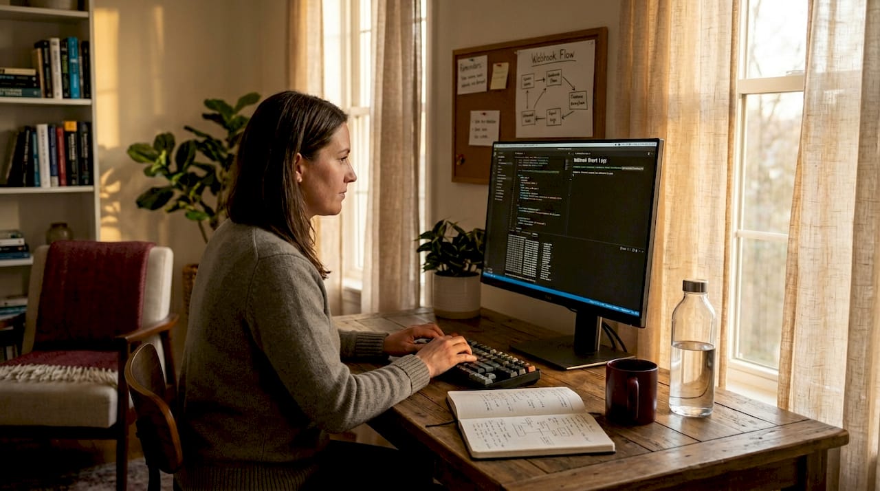 Developer coding webhook integration in home office