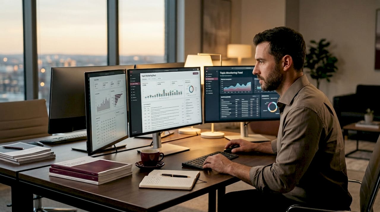 Analyst monitoring AI briefing dashboards in open workspace