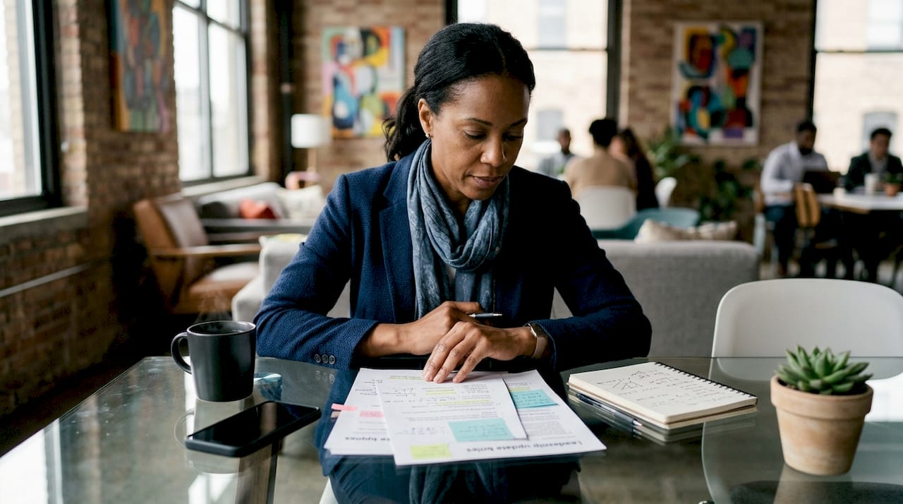 Businesswoman reviewing printed leadership updates